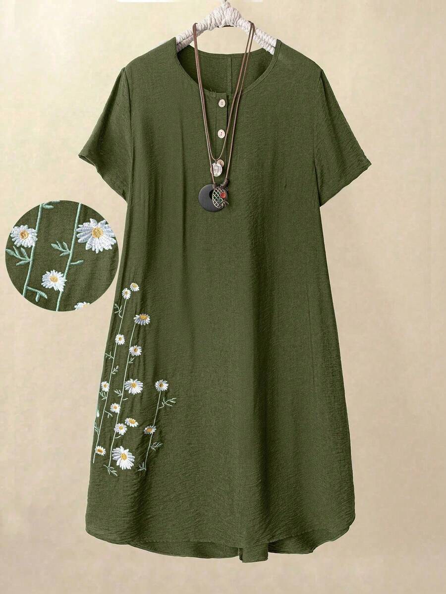 Linhara Vestido casual con botones y bordados para tallas grandes - Verde Oliva - Ver 1