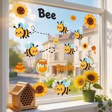 1/3/5pcs Cute Bee Sunflower Static Window Sticker. Honey Jar Honeycomb "Bee Smile" . No Adhesive Vinyl Decal For Living Room, Kids Room Window Glass Door, Party Home Decor. - Multicolor - View 7
