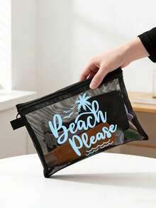 彩色「Beach_please」文字、椰子樹與海鷗圖案海灘主題網袋，便攜大容量透明化妝包，可收納口紅與氣墊粉撲，輕量耐用易攜帶，夏威夷風海岸風情，適合海灘度假、夏季旅行、游泳、購物、健身，女性旅行短途出遊，母親節、情人節、教師節、畢業季、開學季、齋月禮物 - 彩色 - 查看 3