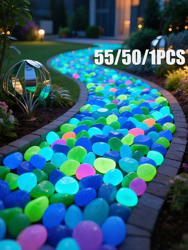55/50/1pc Flat,Colorful Glow-In-The-Dark Stones;Colorful Decorative Stones,Colorful Decorative Pebbles -Ideal For Gardens, Landscaping, DIY Christmas Party Projects, And Fish Tank Scaping; Suitable For Both Indoor And Outdoor Use.