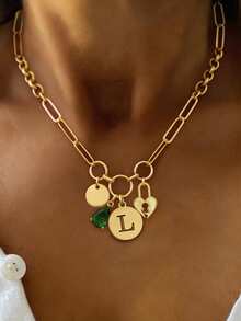 1PC Gold Luxury A-Z Letter Necklace, Unique Lock Tag And Green Diamond Letter Chain, Initial Letter Pendant,For Women's Exquisite Daily Work Decor - Yellow Gold - View 28