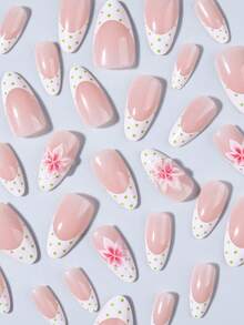 24 piezas de uñas postizas de gel 3D con forma de almendra larga, uñas con lunares, arte de uñas con flores y perlas, uñas postizas francesas, incluye 1 pieza de cinta adhesiva de doble cara y 1 pieza de lima de uñas, arte de uñas de verano y uñas francesas - Multicolor - Ver 4
