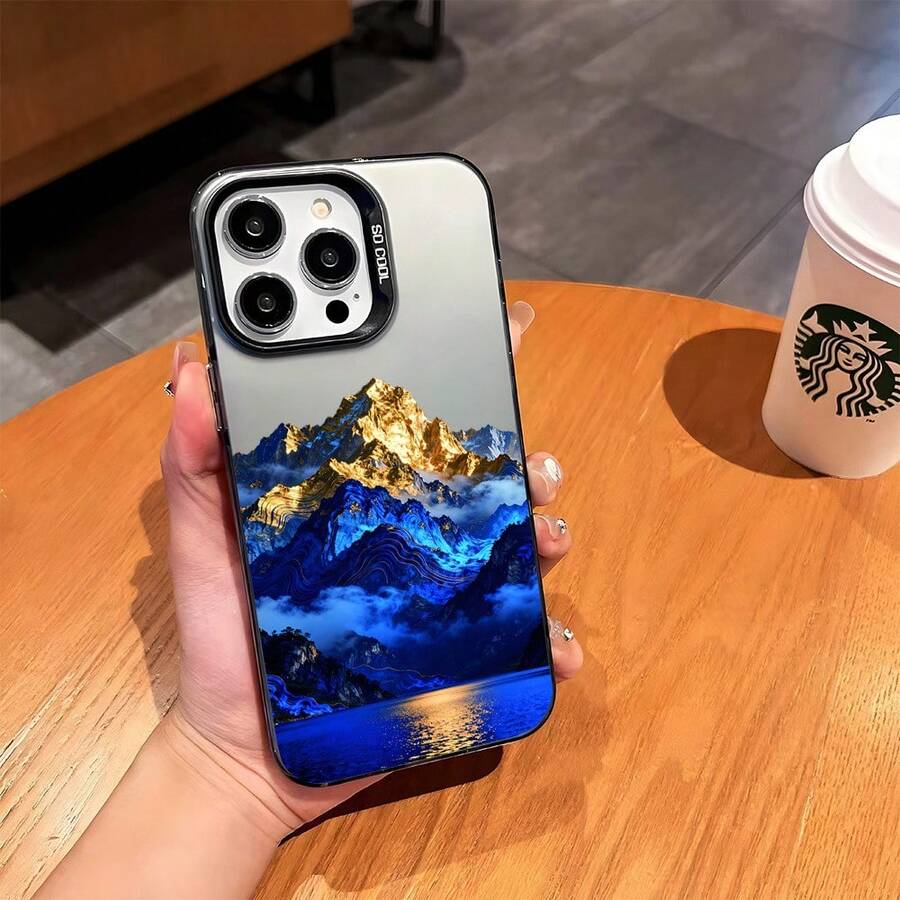 Light Luxury Ins-Style Blue Mountain And River Scenery  17PM Phone Case With UV Painting, Customizable Design - Silver Casing - Black - ZJ4601 - View 1