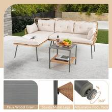 COSTWAY 3-Piece L-Shaped Patio Conversation Set, PE Rattan Outdoor Sofa Set W/Coffee Table, Cushioned Loveseat & Chaise Lounge For Garden, Porch, Poolside - Beige - View 3