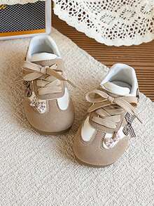 Two Tone Patchwork Casual Sneakers, Sweet Bow Accent Flat Daily Footwear - Khaki - View 2