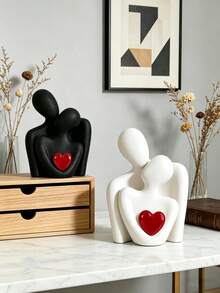 1pc Couple Embracing Figurine, Modern Minimalist Abstract Black And White Heart Sculpture, Home Desktop Decoration, Couple Gift. - the Red Heart - View 2