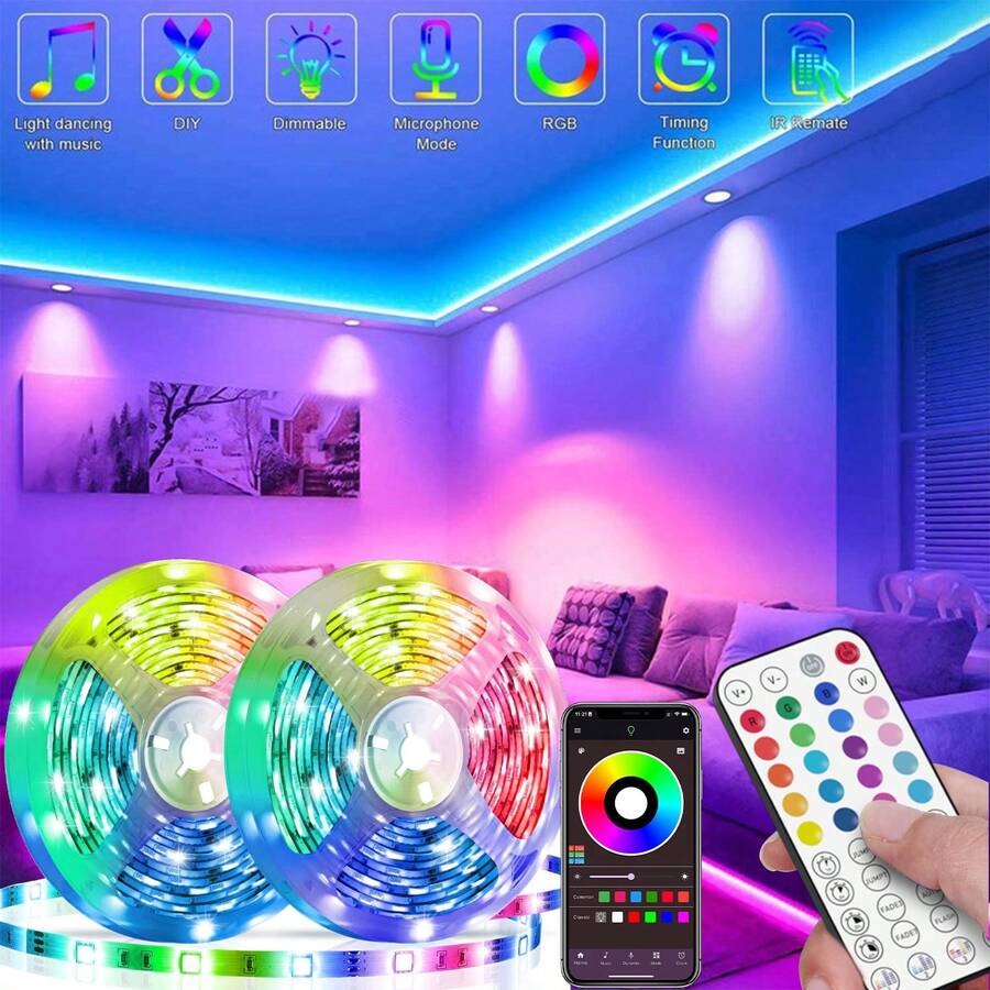 HBOWMDJIA 3ft-100ft LED Lights For Bedroom, Remote, APP Control, RGB Music Sync Color Changing LED Strip Lights For Home Decor Room Decor