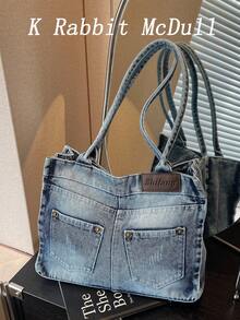 Nuevo bolso tote de hombro de jeans lavados casual chic, diseño de nicho, bolso de mano de calle de moda, adecuado para compras y desplazamientos, perfecto para chica vaquera - Azul - Ver 2
