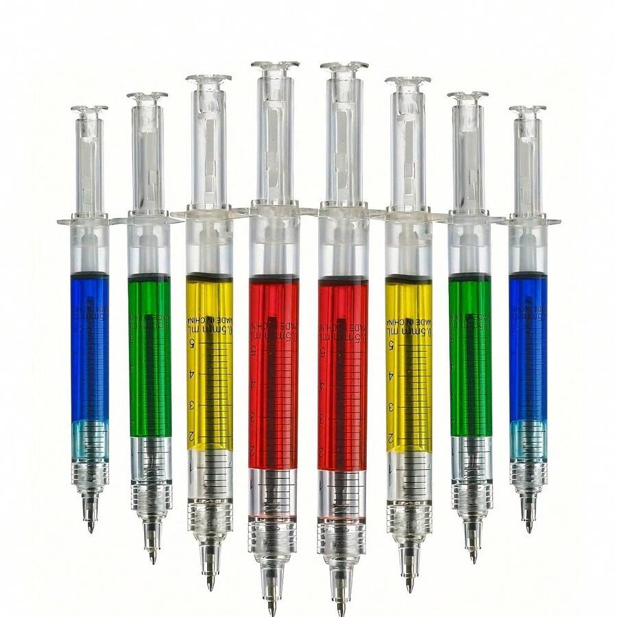 6支創意針筒造型圓珠筆 隨機配色 新奇趣味多色針筒造型圓珠筆 創意禮物 適合護理師與醫生 生日與派對完美選擇 學生開學理想趣味文具
