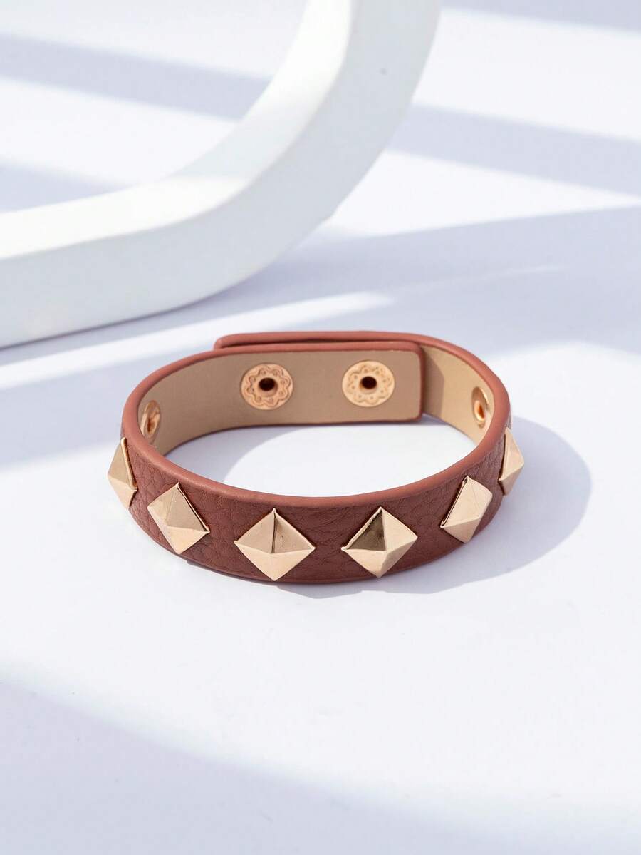 1pc Women's Rock Studded PU Triangle Studded Motorcycle Dark Style Y2K Snap Adjustable Bracelet Suitable For Daily Wear - Dark Brown - View 1
