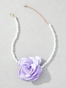 1件女款優雅仿珍珠布料花朵串珠項鍊，適合派對穿著 - 紫色 - 查看 3