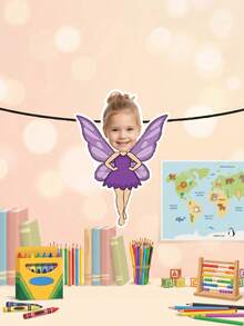 Custom Photo Fairy Cutout Bunting, Winged Elf Cartoon Portrait Banner, No Custom Text, 8/16/24PCS Options, Girl Birthday & Playroom Hanging Decor - Multicolor - View 8