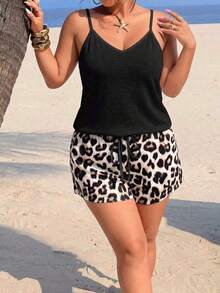 Plus Size Women's V-Neck Camisole And Leopard Print Drawstring Shorts Set, Casual Spring/Summer 2-Piece Outfit Elegant - Multicolor - View 2