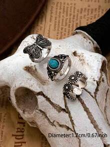 3Pcs Vintage Silver Western Turquoise & Butterfly Ring Set - Oxidized Stackable Rings,Floral Statement Jewelry For Women - Western Retro Ring Set - View 3