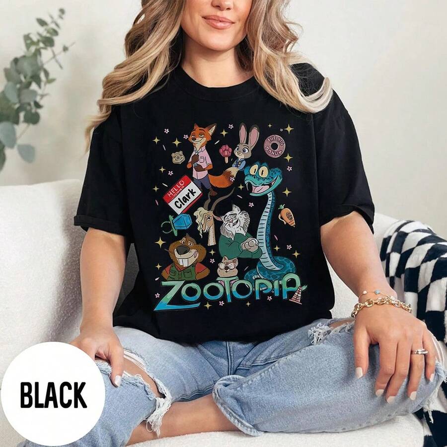 (Loose Fit)Retro Disney Zootopia Group Shirt, Nick Wilde And Judy Hopps Tee, Disney Animals Shirt, Zootopia Characters Shirts, Disney Family Trip - Black - View 1