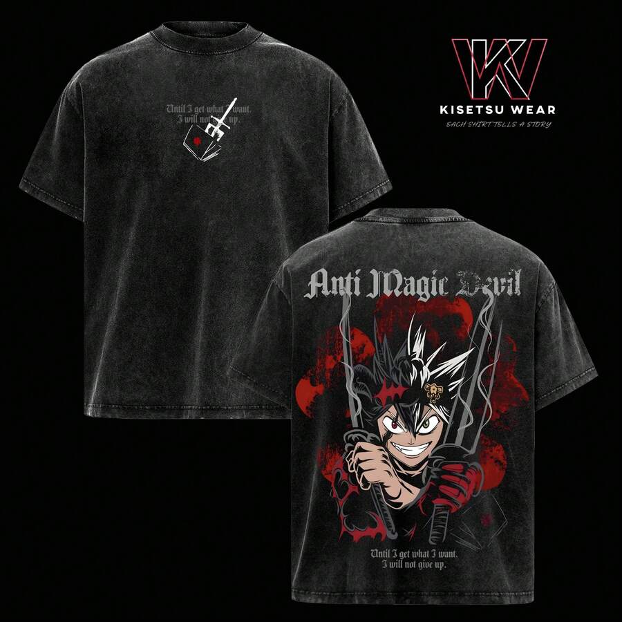 Asta Anti-Magic T-Shirt – Black Clover Anime Graphic Tee, Vintage Wash, Loose Fit, Asta Demon Sword Sleeve T-Shirt In Black, Streetwear - 黑色 - 查看 1