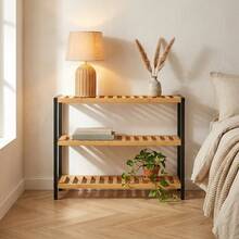 69x24x53,2cm Holz 3-stufiges Lamellen Schuhregal Organizer, Bambus Eingangsbereich Aufbewahrungsregal - Rotbraun - Übersicht 5