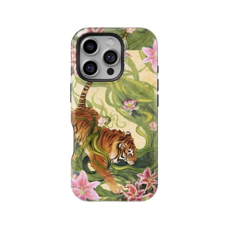 Vintage Tiger Stripe Lotus Phone Case, Aesthetic Chinese Collage Pattern, Compatible With IPhone 17 Pro Max 16e 15 Pro 14 Plus 13 12 11 Pro Max - Multicolor - View 1