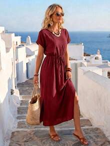 Women's Summer Vacation Burgundy Vertical Striped Textured Round Neck Cinched Waist Double Side Slit Long Sleeve Dress, Women's Vacation Outfit, Women's Elegant Dress, June Festival Women's Clothing, Summer Dress, Women's Casual Dress, Vacationcore - Burgundy - View 7