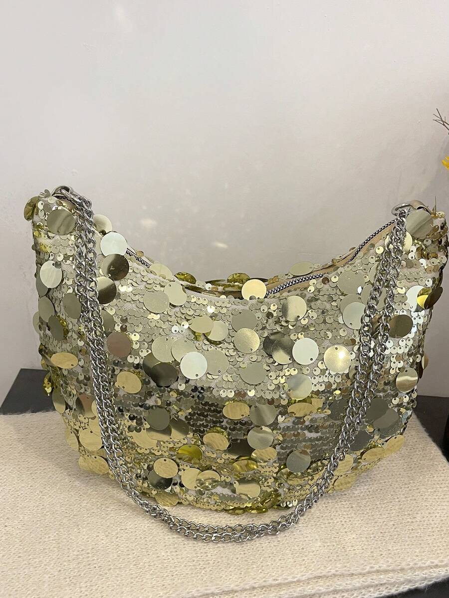 1pc Gold New Style PVC Sequin Crescent Moon Bag Women's Shoulder Bag Chain Shoulder Bag Dumpling Bag Metal Chain - Multicolor - View 1