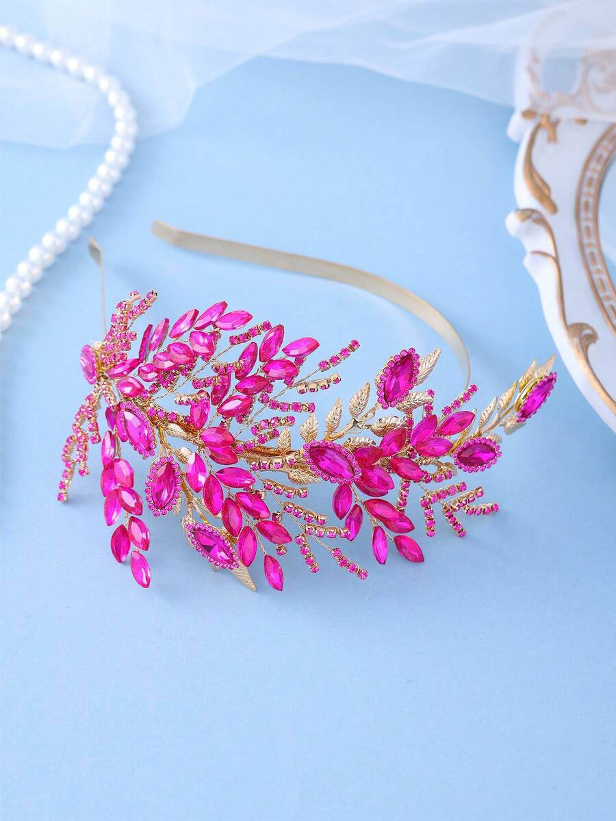 1 pieza Diadema de hoja con strass rojo rosa, elegante corona nupcial dorada, adecuada para boda, fiesta de graduación - Rosa Fucsia - Ver 1