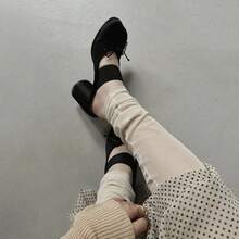Zapatos Mary Jane de satén estilo francés con lazo, para mujer, primavera-verano 2026, nuevos zapatos de ballet vintage casuales con tacón grueso. - Negro - Ver 5