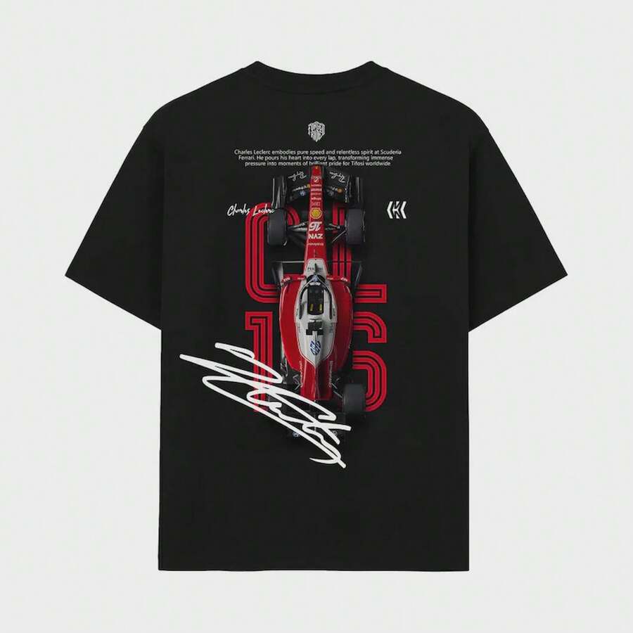 Camiseta de Piloto de Mónaco, Gran Premio Número 16, Equipo de Carreras de Autos Rojo, Camiseta para Fanáticos del Deporte de Motor - Negro - Ver 1