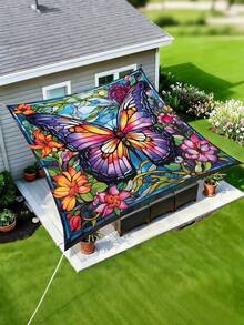 1pc Butterfly And Flower Print Design Sunshade, Outdoor Adventure Sunshade And Canopy, 2D Flat Printed Tent, Washable, Suitable For Garden, Camping, Beach And Other Multiple Scenes, Equipped With 4 Fixing Ropes And 4 Ground Stakes, Support Frame Not Included - Multicolor - View 7