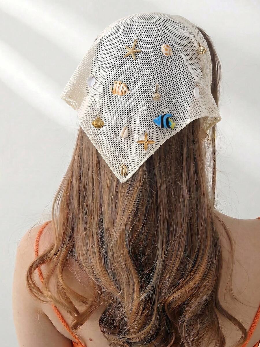 1件原創花卉圖案女款刺繡捲邊海星貝殼魚珍珠裝飾頭巾髮帶,適合日常與度假使用,夏季髮飾沙灘圍巾度假方巾 - 白色 - 查看 1