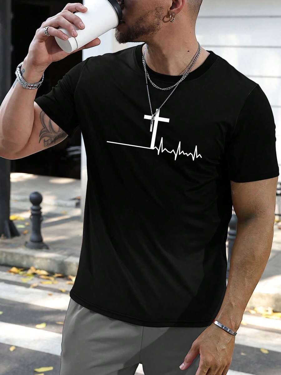 Manfinity Homme Men's Summer Short-Sleeved T-Shirt With Electrocardiogram And Cross Print. - 黑色 - 查看 1