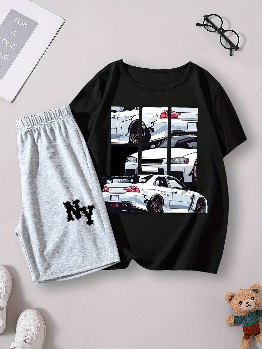 1pc Tallas completas Conjunto Casual de Verano para Niños: Camiseta con Estampado de Coche y Shorts Largos a Rayas, Ideal para Exteriores - Blanco - Ver 1