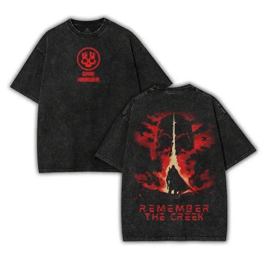Camiseta lavada del juego 'Remember the Creek' de Helldivers, de algodón, de doble cara, oversize, unisex, negra, con estampado gráfico de merchandising de juegos, ropa de hombre, tops, merc - Negro - Ver 1