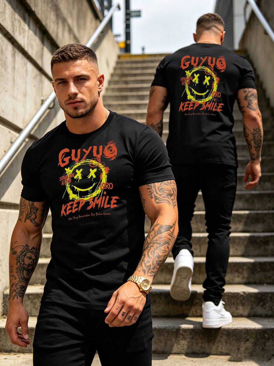 Herren T-Shirt mit Grafikdruck, Hip Hop Street Style Tee - Schwarz - Übersicht 1