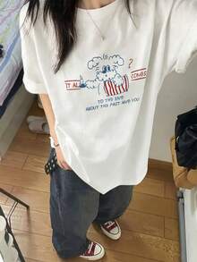日系女款夏季寬鬆圓領休閒百搭字母與卡通羊印花短袖T恤 白色 - 白色 - 查看 4
