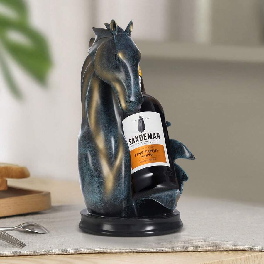 SHIOUCY Weinflaschenhalter, 17x30 cm, Pferdestatue, Harz-Weinregal für Wohneinrichtung&Bar, Dekorative Aufbewahrung für Weinflaschen mit einem Durchmesser von 7,2cm (Blau+Gold) - Übersicht 1