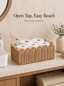 Sleek Woven Storage Basket With Scalloped Edges Heavy-Duty Toilet Paper Holder For Renters Elegant Towel Holder Ideal For Living Room Coffee Table To Hold Apples Neckalce Holder Decorative Desktop Box Bathroom Storage Home Organize Items - C-Wood Color - View 7