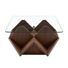 Multifunctional Coffee Table In Tempered Glass And MDF, Walnut Finish, With Spacious Compartments For Everyday Items, Ideal For The Living Room Or Office. - 自然色 - 查看 9
