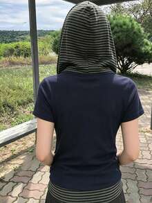 YCYC 韓式風格秋冬條紋拼接鈕扣連帽短袖女款休閒上衣 - 藏蓝色 - 查看 5