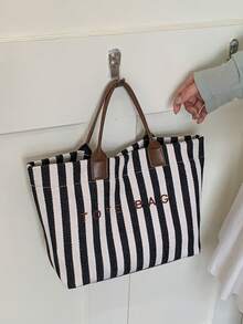 New Large Capacity Letter Decor Stripes Handbag, Multifunctional Commuter Tote Bag With Dual Handles For Women, Suitable For Commute,Beach Vacation - Black and White - View 6