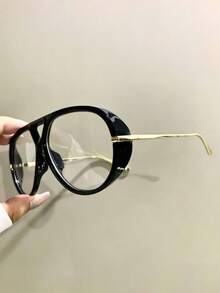 1 Pair Vintage Glasses, Lightweight Transparent Lens Fashion Decorative Glasses, Suitable For Daily Wear - Black - View 3