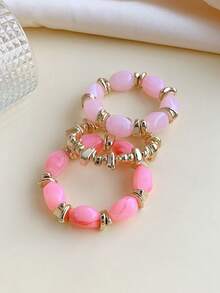3pcs Set Fashion Vintage Exaggerated Bohemian Thick Multi-Layer Acrylic Beaded Bracelets For Women - Multicolor - View 4