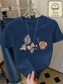 Camiseta 100% pura con estampado de ilustraciones sencillas de plantas, gatos y tazas de café, cuello redondo, manga corta, cómoda y transpirable para uso diario en verano, ropa de verano pa - Rosa - Ver 10