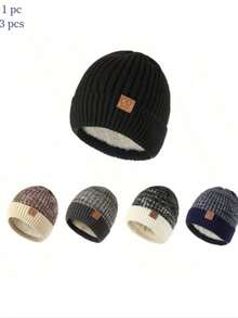 1Pc/3Pcs/Set Fleece Lined Knit Hat Ear Flap Color Block Couple Main Storage Gift Bag Accessory Christmas Birthday Warm Cozy. - Multicolor - View 12