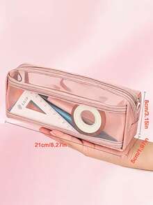Cute Morandi Plaid Transparent Double-Layer Pencil Case, Large Capacity Mesh Stationery Organizer, Double-Layer Pencil Holder, Large Capacity Transparent Pencil Box, With Handle And Zipper, Portable Travel Makeup Bag, Suitable For Adults, Schools, And Offices. - Multicolor - View 7
