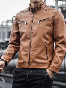 Men's Zipper Pocket Streetwear Leather Jacket, Fleece Lined, Thickened, Winter - Yellow - View 6