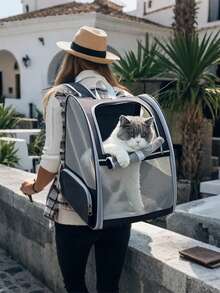 Breathable Anti-Escape Pet Backpack, Large Portable Cat Carrier With Roller Shutter & Visible Window, Spacious Stylish Travel Pet Bag - Light Grey - View 3
