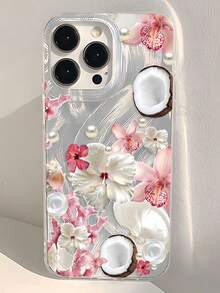 1pc Feather Mesh Shell IMD Lens Protection Anti-Drop Floral Pearl Coconut Pattern Personalized Phone Case Compatible With IPhone 16 Pro Max 17/16/15/14 Plus/13/12/11 And Series - Multicolor - View 2