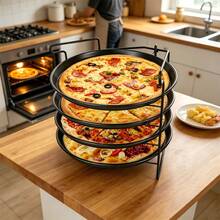 Non-Stick Pizza Baking Set 4 Pans + Rack, Perforated For Crispy Base, Oven & Grill , Folding Storage, Also For Bread Cookies - View 9