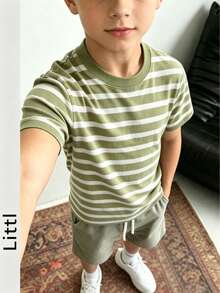 Children Boys Ribbed Collar Contrast Color Striped Knit Short Sleeve Sweater, Soft Breathable Striped Knit Top, Suitable For School And Daily Wear - Multicolor - View 6