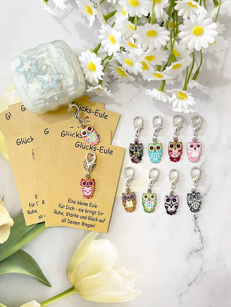 10 Sets Fun Little Owl Keychains, Cute Owl Keychains With German Lucky Owl Cards, Bag Charms, Shoe Charms, Perfect For Halloween/Thanksgiving, Best Gift For Lovers/Best Friends, Positive Little Gifts, Thanksgiving/Halloween Lucky Little Gifts